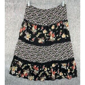Notations Maxi Skirt Black Floral Tiered Lace Lined Whimsigoth Size PL